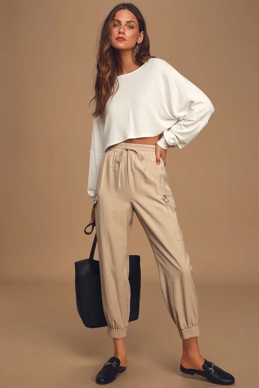 Lulu's Women's Khaki The Bottom Line Beige Cargo Joggers Size Small